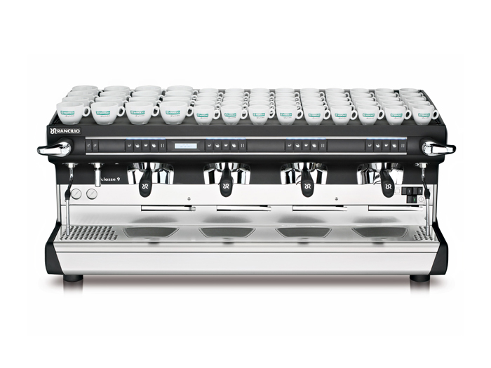 This image is a front view of the Rancilio Classe 9 USB tall espresso machine in 3 groups with a taller group area and volumetric dosing controls.