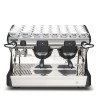 This image is a front view of the Rancilio Classe 7 2 group espresso machine in Anthracite Black, with traditional brew group height and semi-automatic dosing controls.